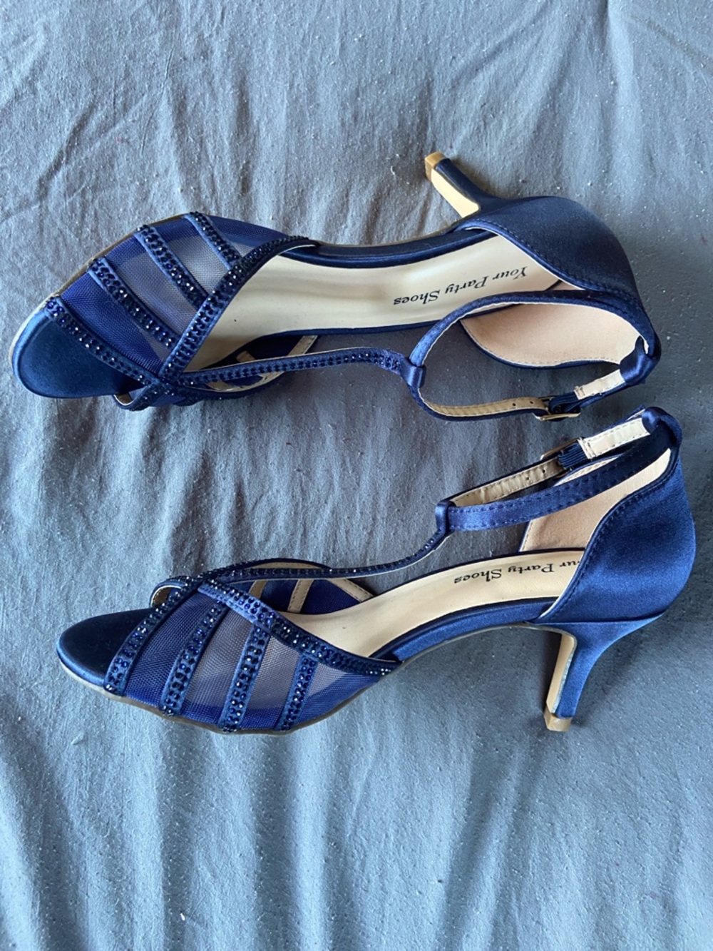 Navy T-Strap Evening Heels with Crystal Accents